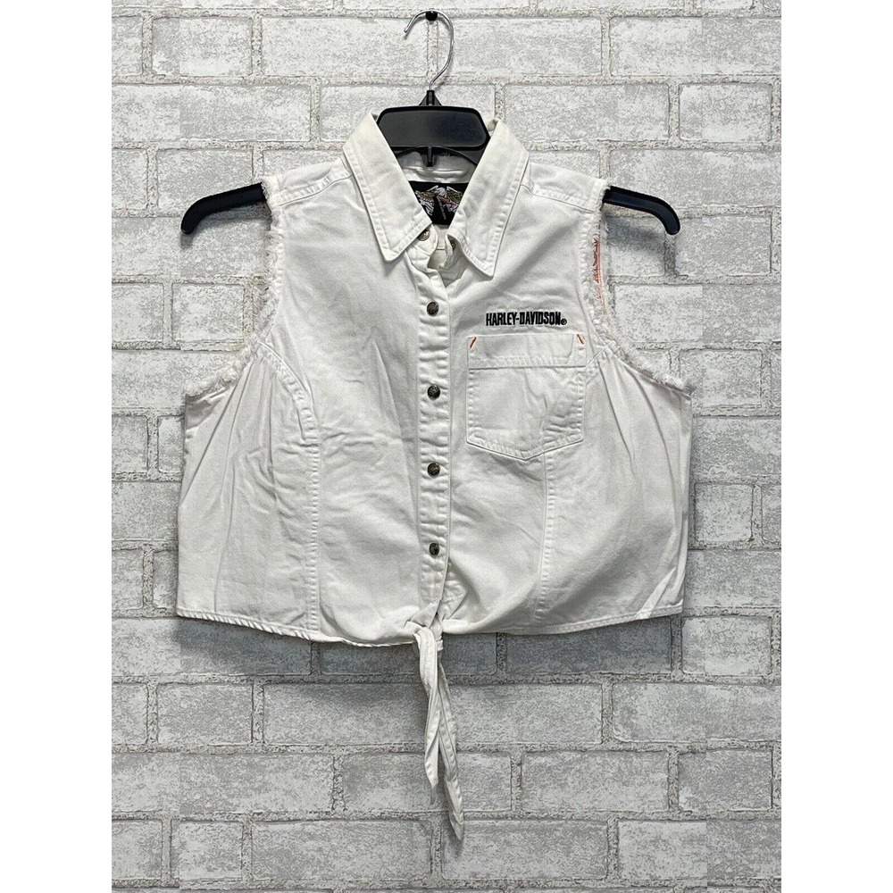 Vintage Harley-Davidson Vest Women's Size L White Motorcycle Logo Front Tie
